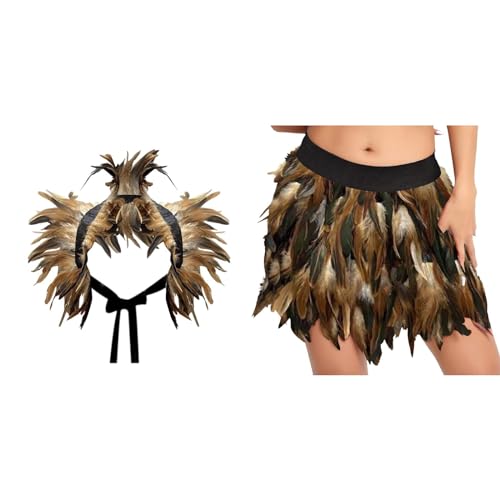 Gothic Federrock + Federschal 2-teiliges Set Pfau Kostüm Damen Pfauenfedern Outfits Karneval Kostüm Damen Bühnenkostüme Ballkleid Damen Rock Minirock für Cosplay-Party Karneval Leistung (Z-Khaki, XXL) von DolceTiger