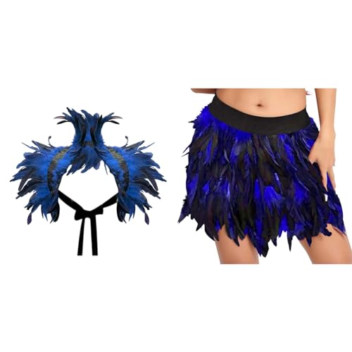 Gothic Federrock + Federschal 2-teiliges Set Pfau Kostüm Damen Pfauenfedern Outfits Karneval Kostüm Damen Bühnenkostüme Ballkleid Damen Rock Minirock für Cosplay-Party Karneval Leistung (Z-Blue, XXXL) von DolceTiger