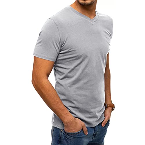 Herren T-Shirt V-Ausschnitt Kurzarm Einfarbig Atmungsaktiv Dünn Sommeroberteile Herrenoberteile Männer T-Shirt Kurzarmshirt Herren Tops Sportshirt Herren Kurzarm-T-Shirt (L, Gray) von DolceTiger