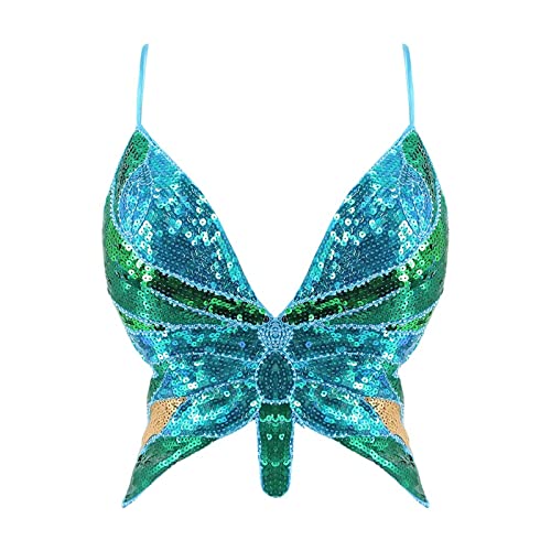 Karneval Kostüm Damen Pailletten Schmetterling Crop Tops Glitzernde Rückenfrei Oberteil Tank Top Bauchtanz Kostüm Glitzer Bauchtanz BH Pailletten Kostüme Musik Festival (Sky Blue Multicolor, One Size) von DolceTiger