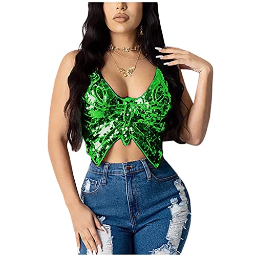 Karneval Kostüm Damen Pailletten Schmetterling Crop Tops Glitzernde Rückenfrei Oberteil Tank Top Bauchtanz Kostüm Glitzer Bauchtanz BH Pailletten Kostüme Musik Festival Oberteil (Green, One Size) von DolceTiger