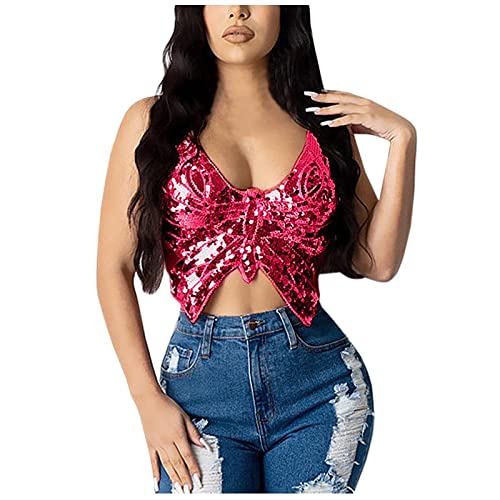 Karneval Kostüm Damen Pailletten Schmetterling Crop Tops Glitzernde Rückenfrei Oberteil Tank Top Bauchtanz Kostüm Glitzer Bauchtanz BH Pailletten Kostüme Musik Festival Oberteil (Hot Pink, One Size) von DolceTiger