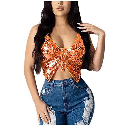 Karneval Kostüm Damen Pailletten Schmetterling Crop Tops Glitzernde Rückenfrei Oberteil Tank Top Bauchtanz Kostüm Glitzer Bauchtanz BH Pailletten Kostüme Musik Festival Oberteil (Orange, One Size) von DolceTiger