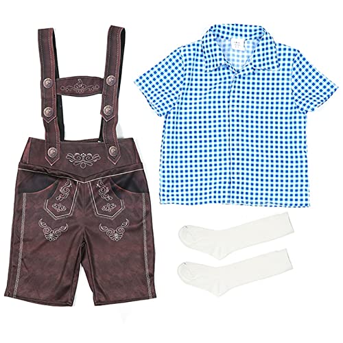Kinder Trachtenhemd Lederhose und Socken 3-teiliges Set Trachtenset Kurz Trachtenlederhose mit Träger Kariert Kurzarm Hemd Jungen Stickerei Lederhose Baby Oktoberfest Kostüm (Blue, 2-4 Years) von DolceTiger