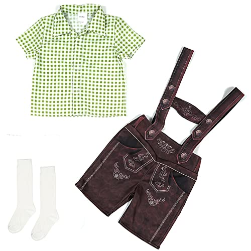 Kinder Trachtenhemd Lederhose und Socken 3-teiliges Set Trachtenset Kurz Trachtenlederhose mit Träger Kariert Kurzarm Hemd Jungen Stickerei Lederhose Baby Oktoberfest Kostüm (Green, 2-4 Years) von DolceTiger