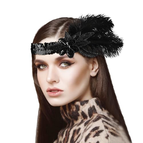 Kopfschmuck Damen 1920s Feder Stirnband Damen-Kopfbedeckung, 20er Jahre Feder-Kopfbedeckung für Damen Party Tanz Nachmittagstee Hochzeit Kopfbedeckung (Black, One Size) von DolceTiger