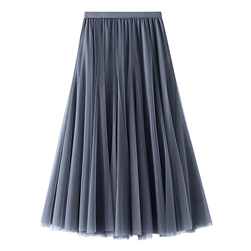 Lang Tüllrock Damen Faltenrock Elastische Taille Midirock Pailettenrock für Damen Overlay Layered Farbverlauf Tüll Rock A-Linie Midi Röcke Plissee Kleid (F-Dark Gray, One Size) von DolceTiger