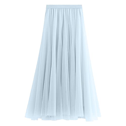 Lang Tüllrock Damen Faltenrock Elastische Taille Midirock Pailettenrock für Damen Overlay Layered Farbverlauf Tüll Rock A-Linie Midi Röcke Plissee Kleid (F-Light Blue, One Size) von DolceTiger