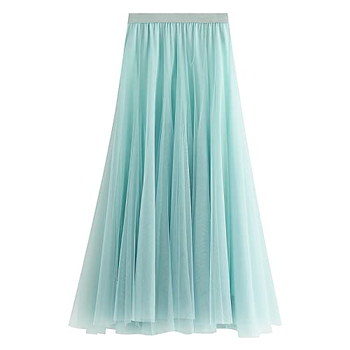 Lang Tüllrock Damen Faltenrock Elastische Taille Midirock Pailettenrock für Damen Overlay Layered Farbverlauf Tüll Rock A-Linie Midi Röcke Plissee Kleid (F-Mint Green, One Size) von DolceTiger