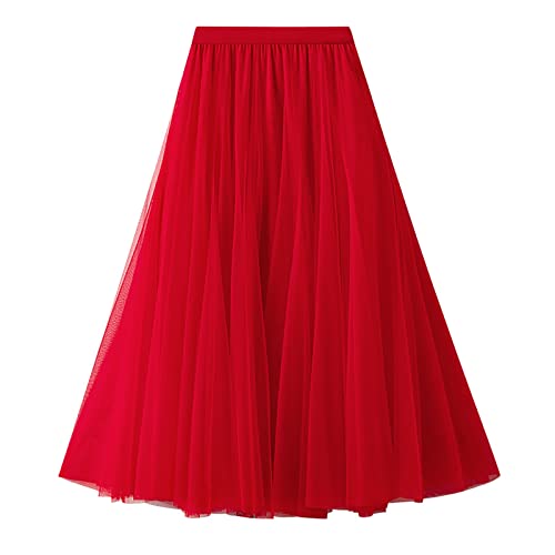 Lang Tüllrock Damen Faltenrock Elastische Taille Midirock Pailettenrock für Damen Overlay Layered Farbverlauf Tüll Rock A-Linie Midi Röcke Plissee Kleid (F-Watermelon Red, One Size) von DolceTiger