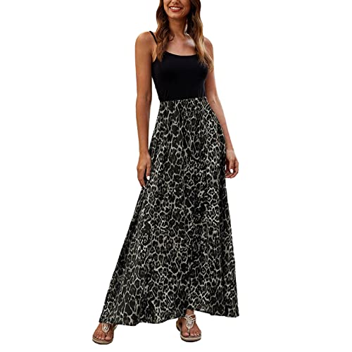 Maxikleid Damen Kleider Damen Sommer Lang Frauen-Leoparden-Druck-langes Kleid-Sommer-Strand-Plissiertes elastisches hoch tailliertes Maxi-Kleid Kleider Damen FrüHling von DolceTiger