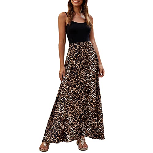 Maxikleid Damen Kleider Damen Sommer Lang Frauen-Leoparden-Druck-langes Kleid-Sommer-Strand-Plissiertes elastisches hoch tailliertes Maxi-Kleid Kleider Damen FrüHling von DolceTiger