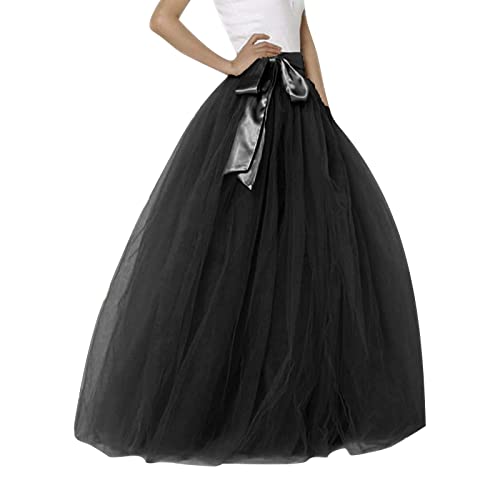 Tüll Maxirock Karneval Kostüm Damen Langer Rock Ballkleid Balletttanzkleid Party Kleid Petticoat Kleid 80er Jahre Rockabilly Ballett Tuturock Frauen Tutu Rock (Black, One Size) von DolceTiger