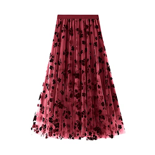 Tüllrock Damen Elegant Weiche Lange Maxirock Vintage Tütü Tüll Rock Damen Tüllrock Falten Rock Höhe Taille A Line Mesh Freizeit Spitze Midi Röcke (Red, M) von DolceTiger