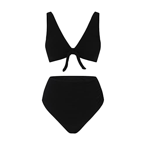 Umstands-Bikini Badeanzug Schwangerschaft Umstandsmode für Damen Soild-Badeanzug V-Ausschnitt Bikinihose mit hoher Taille Bowknot-Badeanzug-Badebekleidungsset Bikini Schwangerschaft (Black, L) von DolceTiger