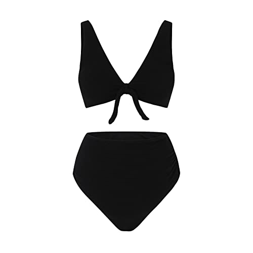 Umstands-Bikini Badeanzug Schwangerschaft Umstandsmode für Damen Soild-Badeanzug V-Ausschnitt Bikinihose mit hoher Taille Bowknot-Badeanzug-Badebekleidungsset Bikini Schwangerschaft (Black, S) von DolceTiger