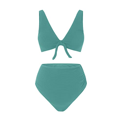 Umstands-Bikini Badeanzug Schwangerschaft Umstandsmode für Damen Soild-Badeanzug V-Ausschnitt Bikinihose mit hoher Taille Bowknot-Badeanzug-Badebekleidungsset Bikini Schwangerschaft (Green, L) von DolceTiger