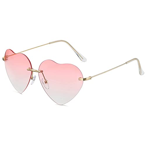 Dollger Herz Sonnenbrille für Frauen Randlose Metallrahmen Dünne herzförmige Sonnenbrille UV400 (Randlose rosa Linse) von Dollger