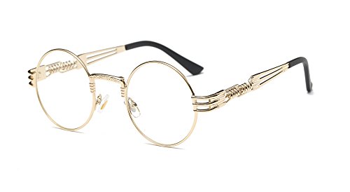 Retro Steampunk Sonnenbrille für Damen Herren Runde Hippie UV400 Schutz Flache Gläser Metallrahmen Brille, Clear Lens/Gold Frame von Dollger