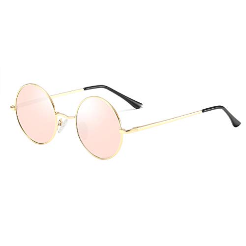 Dollger Retro Lennon Sonnenbrille Vintage Polarisierte Mirrored Linsen Metall Gestell Rundbrille für Herren Damen Rosa Linse+Goldrahmen von Dollger