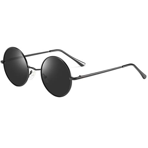 Dollger Retro Lennon Sonnenbrille Vintage Polarisierte Mirrored Linsen Metall Gestell Rundbrille für Herren Damen Schwarze Linse+Mattschwarze Rahmen von Dollger