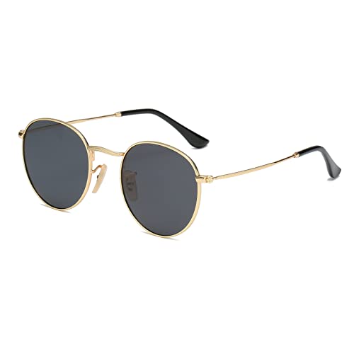 Dollger Kleine Runde Polarisiert Sonnenbrille für Damen Herren Metal Retro Trendige Deko brille UV400 Grau Linse und Goldener Rahmen von Dollger