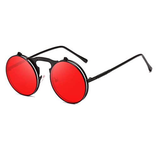 Dollger Runde Retro Sonnenbrille Steampunk Sonnenbrille Flip Up Sonnenbrille für Männer Frauen, Rote Linse+schwarzer Rahmen von Dollger