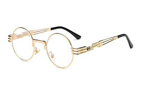 Dollger Vintage Steampunk Sonnenbrille Frauen Männer Runde Hippie Sonnenbrille UV400 Metallrahmen(Klare Linse/Goldrahmen) von Dollger
