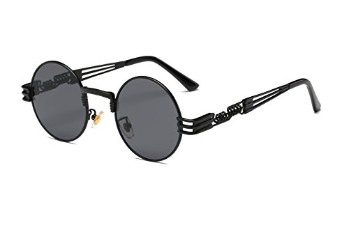 Dollger Vintage Steampunk Sonnenbrille Frauen Männer Runde Hippie Sonnenbrille UV400 Metallrahmen(Schwarzes Objektiv/Schwarzer Rahmen) von Dollger