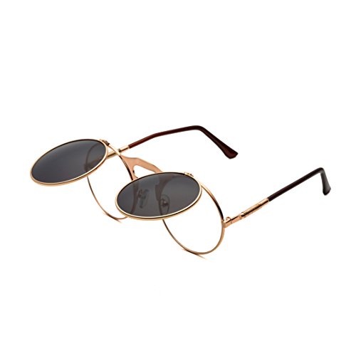 Dollger Runde Steampunk Sonnenbrille Flip up Linse Retro Metall Rahmen Sonnenbrille für Damen Herren Roségold Rahmen/Schwarz Linse von Dollger