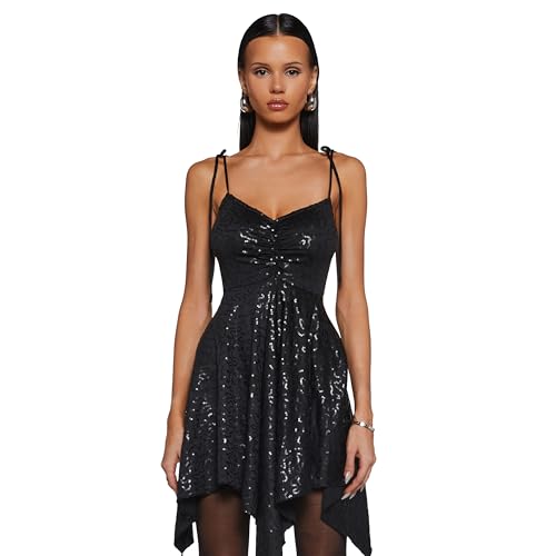 Dolls Kill Current Mood Taschentuchkleid "F is for Fairies", perfekt für Fairycore-Mode, Schwarze Pailletten, X-Groß von Dolls Kill