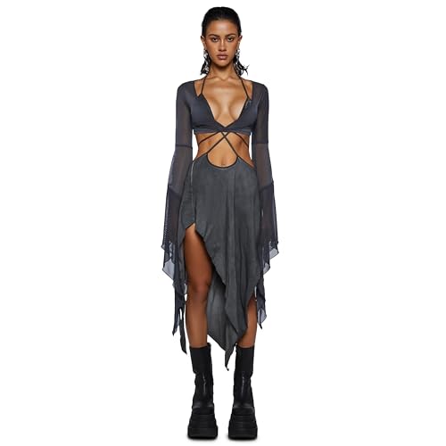 Dolls Kill Darker WAVS Asymmetrisches Wickelkleid Echo aus Mesh - halbdurchsichtiges Chiffon- und Jersey-Kleid mit Glockenärmeln, Dunkel_Grau, Mittel von Dolls Kill