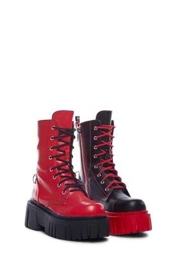 Dolls Kill Devil Games Mismatched Combat Boots von Current Mood - Plateaustiefel aus veganem Leder mit verstellbaren Schnürungen und seitlichen Reißverschlüssen, Rot/Ausflug, einfarbig (Getaway Solids von Dolls Kill