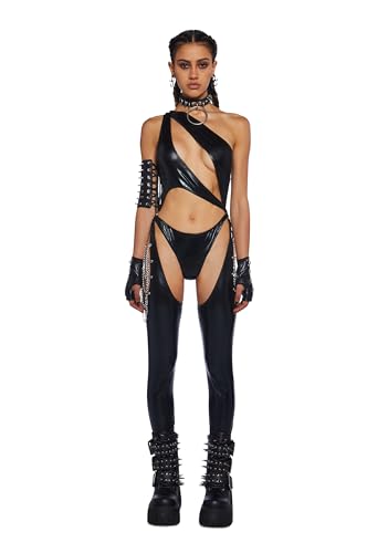 Dolls Kill Prism Moonwalk Cut-Out-Catsuit von Club Exx - Holografischer Catsuit aus Metallic mit drapierten Ketten & frecher Passform, Schwarz, Medium von Dolls Kill