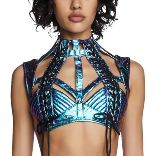 Dolls Kill Rude Awakening Harness Bra Top von Club Exx – veganes Leder, Schnürung, Cropped-Passform für Festivals und Raves, Blau, Large von Dolls Kill