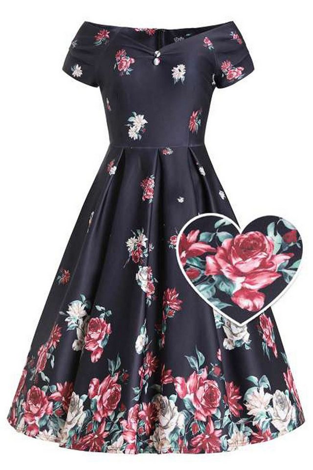 Dolly and Dotty A-Linien-Kleid Lily Black Falling Rose Off-Shoulder Vintage Retro von Dolly and Dotty