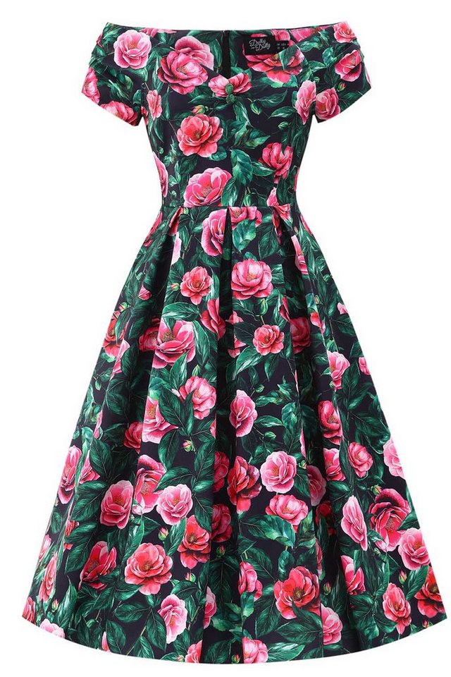 Dolly and Dotty A-Linien-Kleid Lily Black & Pink Camellia Off-Shoulder Vintage Retro von Dolly and Dotty