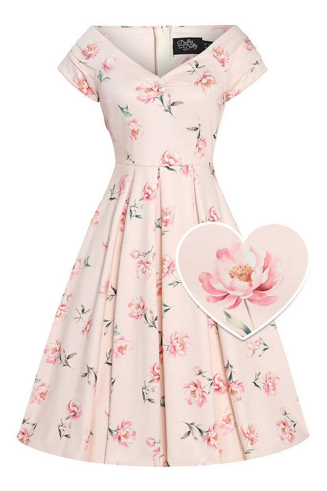 Dolly and Dotty A-Linien-Kleid Lily Cream & Pink Peony Off-Shoulder Vintage Retro von Dolly and Dotty