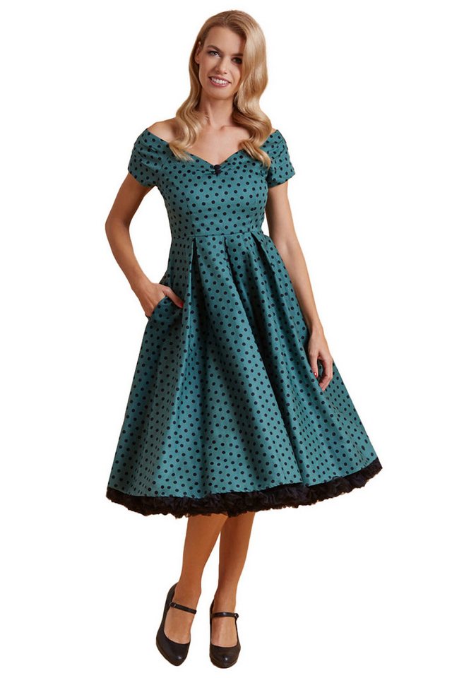 Dolly and Dotty A-Linien-Kleid Lily Dark Green Polka Dot Off-Shoulder Vintage Retro von Dolly and Dotty