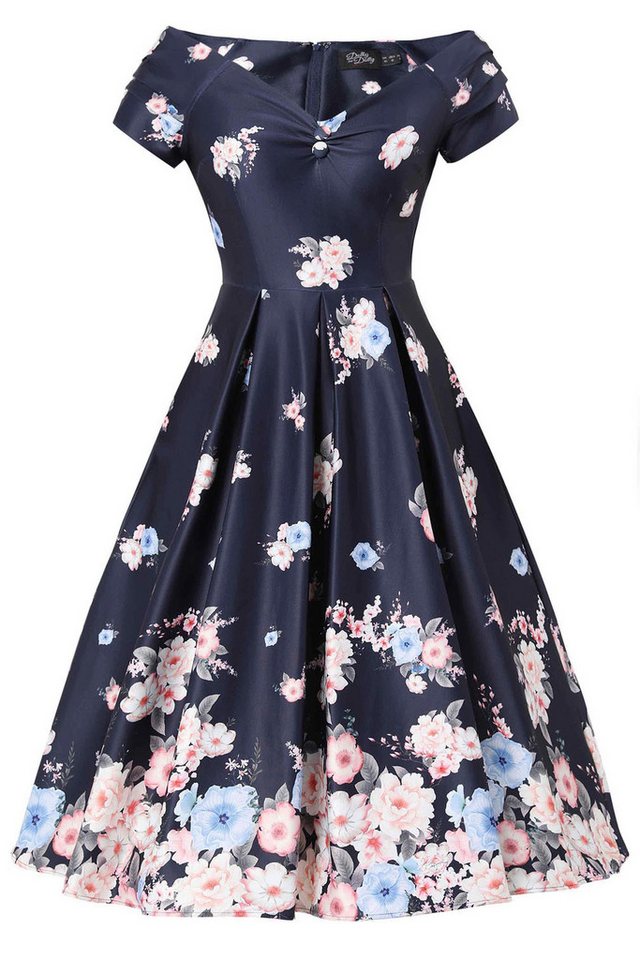 Dolly and Dotty A-Linien-Kleid Lily Navy Blue Falling Rose Off-Shoulder Vintage Retro von Dolly and Dotty