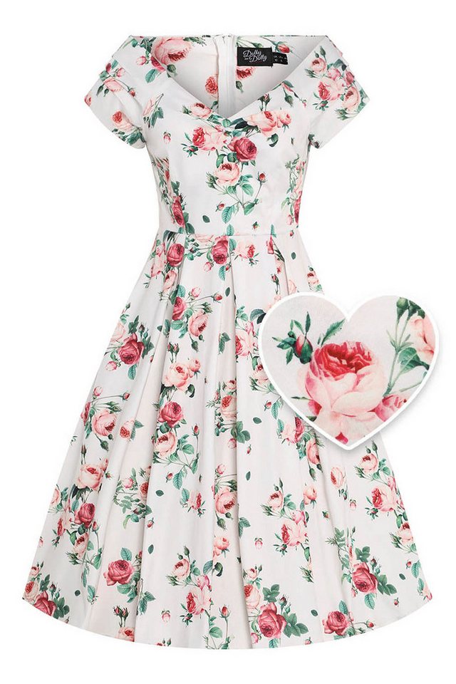 Dolly and Dotty A-Linien-Kleid Lily White & Cream Roses Off-Shoulder Vintage Retro von Dolly and Dotty