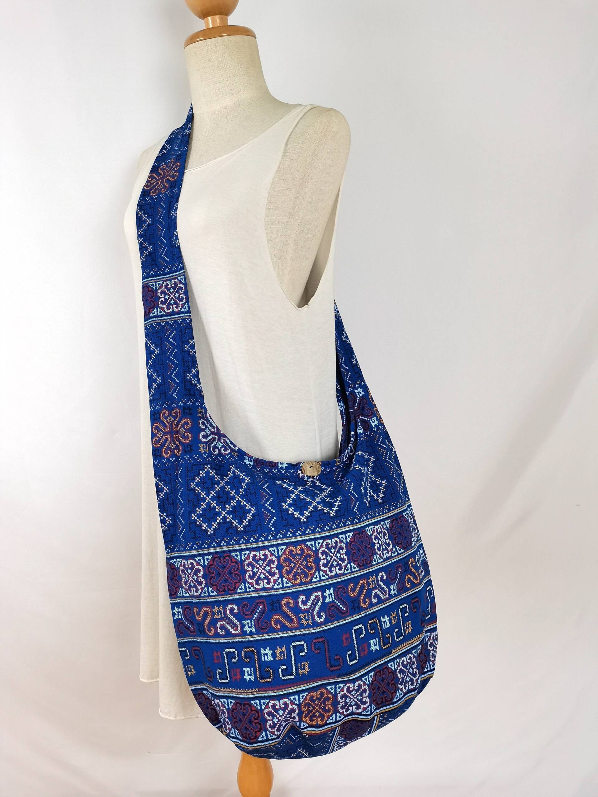 Blau Antike Blumenmuster Hippie Hobo Tasche Sling Crossbody Boho Schultertasche Messenger Bag Baumwolltasche Geldbörse Tote Handtaschen von Dollypun