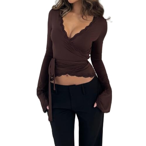 Damen Y2k Lace Sheer Mesh Crop Tops Langarm Tiefer V-Ausschnitt Cross Wrap Blusen Slim Fit Fee Kokette T-Shirts, Dunkelbraun, Klein von Doloame