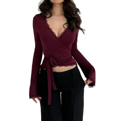 Damen Y2k Lace Sheer Mesh Crop Tops Langarm Tiefer V-Ausschnitt Cross Wrap Blusen Slim Fit Fee Kokette T-Shirts, Weinrot, Klein von Doloame