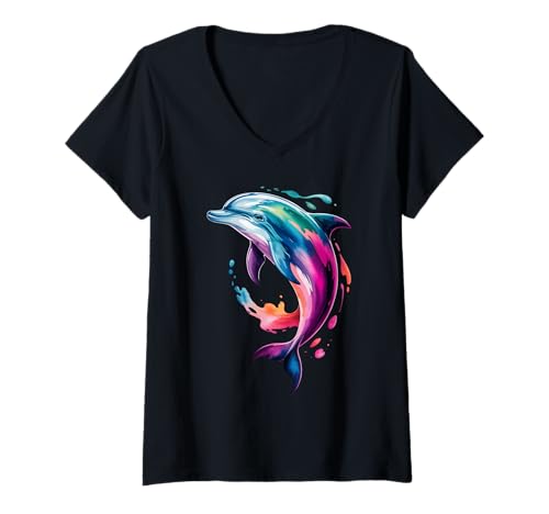 Damen Delfin-Poster-Stil, Bunte Farbspritzer, Kunstgrafik T-Shirt mit V-Ausschnitt Damen Delfin-Poster-Stil, Bunte Farbspritzer, Kunstgrafik T-Shirt mit V-Ausschnitt von Dolphin Lover Apparel & Arts