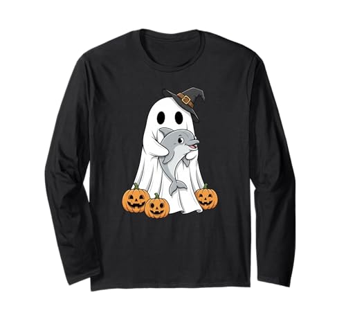 Lustiger Geist Delfin Kürbis Halloween Kinder Herren Damen Langarmshirt von Dolphin Lovers Cute Halloween Outfits for Boy Girl