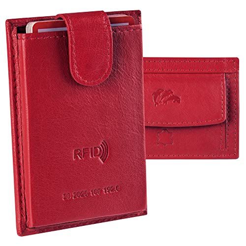 Dolphin® Kartenetui “Push&Pull” - Patentiertes Kreditkartenetui mit Münzfach - Premium Card Holder mit RFID Schutz - 100% Nappa Echtleder Slim Wallet für bis zu 10 Karten (Rot) von Dolphin