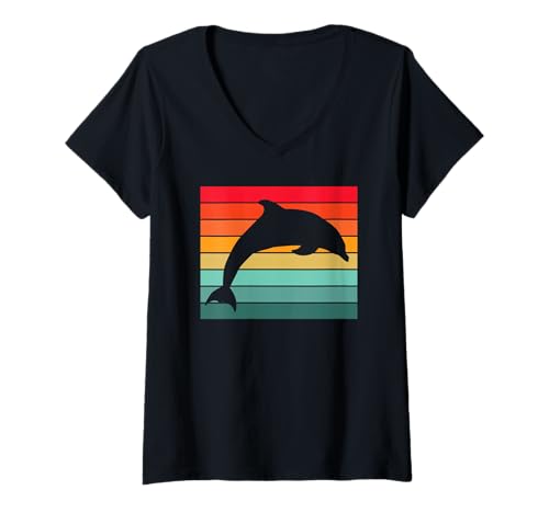 Damen Retro Delfin Sonnenuntergang Silhouette T-Shirt mit V-Ausschnitt von Dolphins gifts Retro sunset