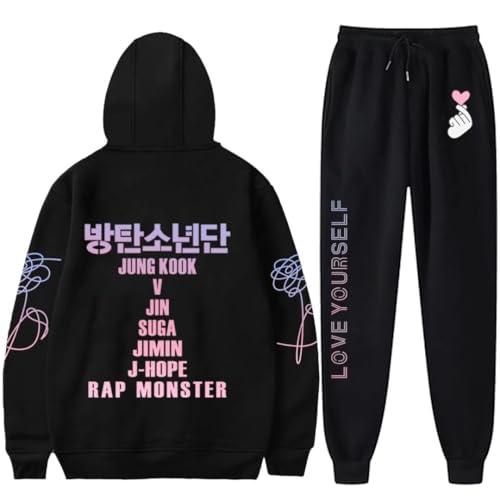 Bangtan Jungen Hoodie Love Yourself Sweater Suga Jimin Jung Kook Jhope Sweatshirt Hose 2-teiliges Set, Schwarz, Medium von Dolpind