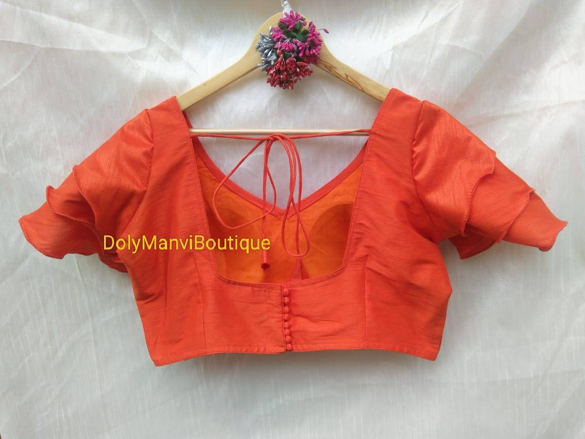 Designer Sari Bluse, Orange Bollywood Saree Crop Top Für Frauen, Rüschenärmel Bluse von DolyManviBoutique